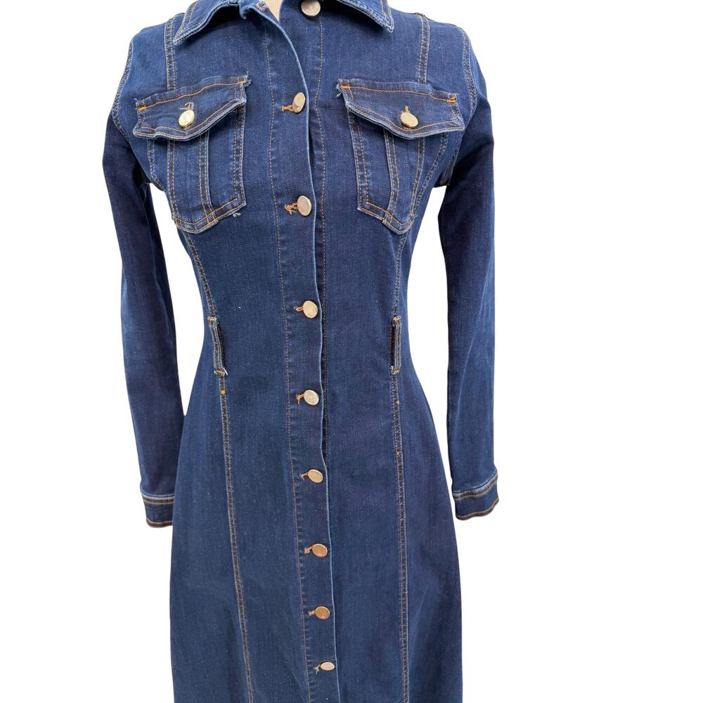 Karen Millen Dark Wash Denim Midi Shirt Dress Button Front Long Sleeve US 2 - Picture 3 of 11